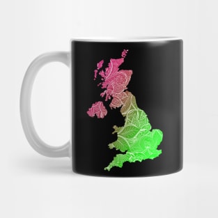 Colorful mandala art map of United Kingdom with text in pink and green Mug